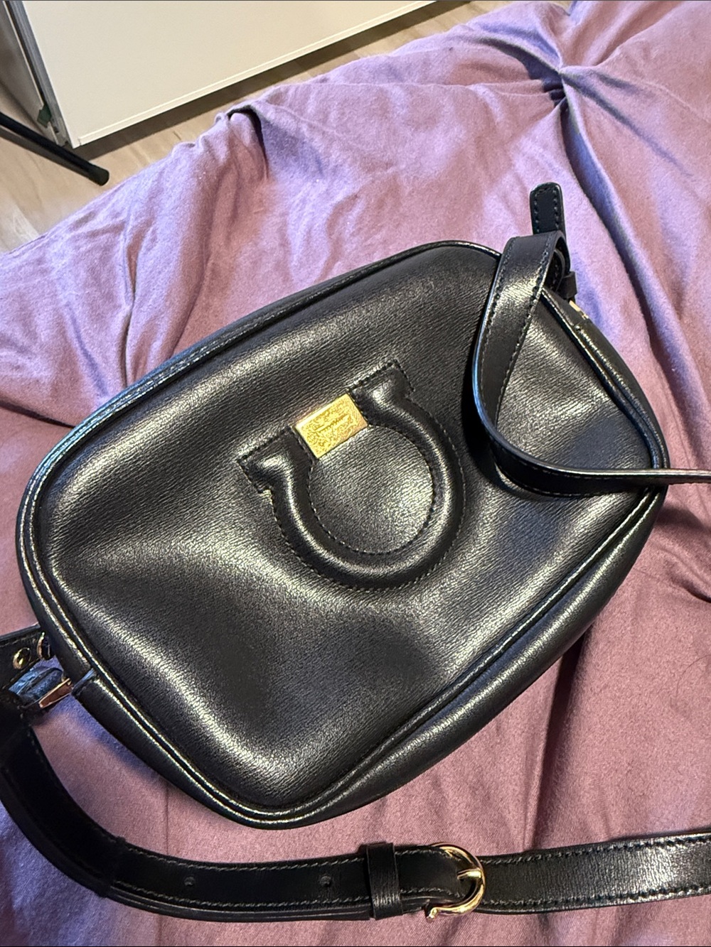 Salvatore Ferragamo Black Leather Crossbody with Signature Gancini